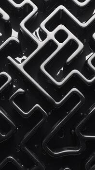 Abstract maze design in glossy black with reflective surfaces and intricate patterns. photo