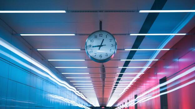 A large clock hangs in a modern tunnel, reflecting blue and red lighting, creating a dynamic atmosphere. photo