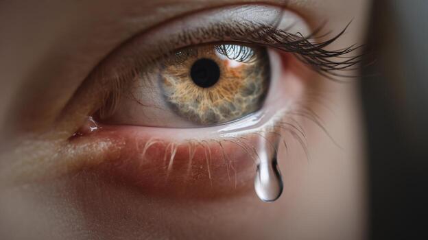 Close-up of a tear falling from an eye with intricate iris patterns and soft eyelashes. photo