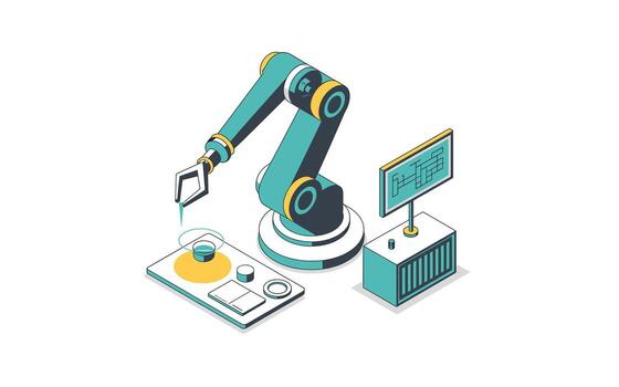 isométrica robótico brazo precisión montaje automatizado fabricación, precisión ingeniería, controlar sistema, y avanzado tecnología para el futuro de producción y industrial innovación vector