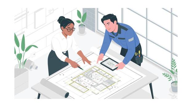 Architect and Contractor Reviewing Building Plans with a Tablet Teamwork, Construction, and Design Collaboration for Home Improvement Projects and Innovative Solutions vector