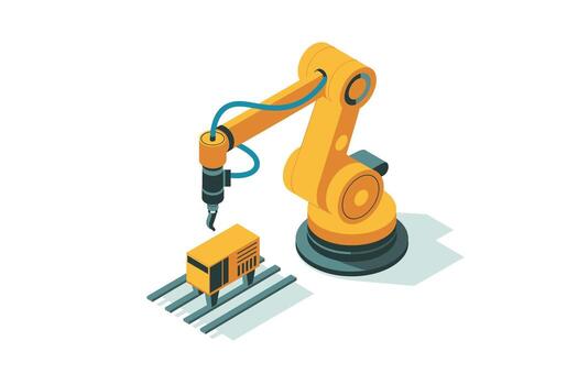 Isometric Industrial Robot Arm Manipulating Object on Conveyor Belt, Automation and Assembly in Manufacturing, Future of Work and Smart Factory Concept vector