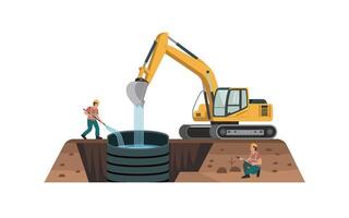 excavador relleno agua tanque en construcción sitio con trabajadores inspeccionando y ayudando el proceso, demostrando eficiente agua administración y industrial colaboración vector