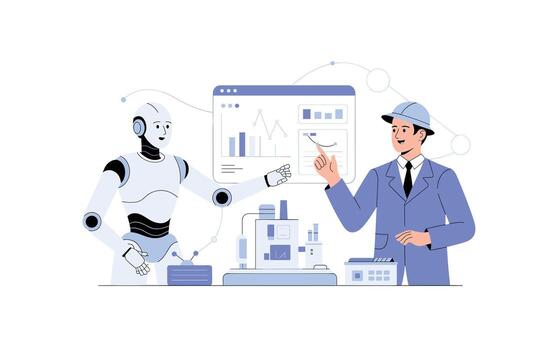 robot y ingeniero colaborando en datos análisis y científico experimentos para futuro tecnología avances y digital transformación en un innovador laboratorio vector