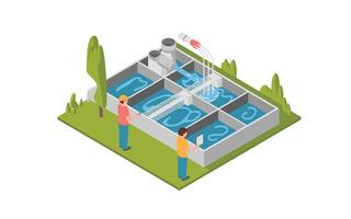 isométrica aguas residuales tratamiento planta con técnicos inspeccionando, exhibiendo agua gestión, contaminación control, ambiental sostenibilidad, y innovador tecnologías para limpiar agua vector