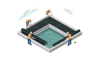 isométrica ver de construcción trabajadores instalando impermeabilización membrana en un agua tanque o reservorio, empleando la seguridad engranaje y medición herramientas vector