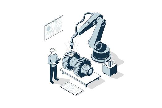 automatizado robótico soldadura proceso precisión Ingenieria y industrial automatización en fabricación para metal engranajes con humano vigilancia y calidad controlar sistemas vector