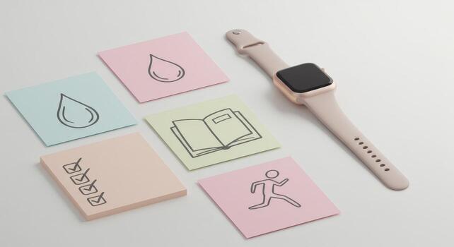 Smartwatch and sticky notes on white desk photo
