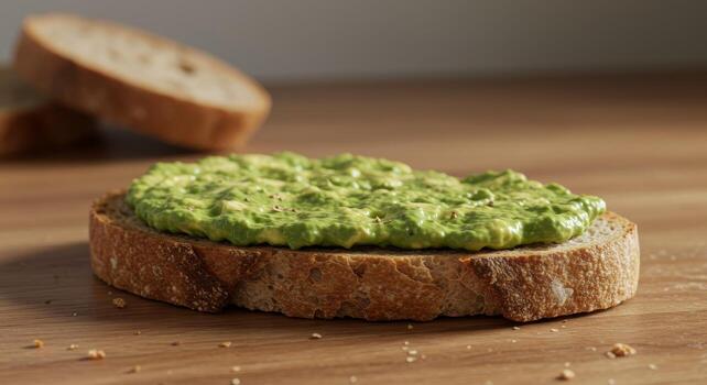 Avocado Toast on Wooden Table with Bread in Background photo