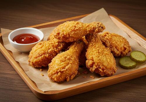 Crispy fried chicken with sauce and pickles photo
