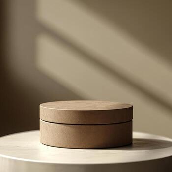 Modern podium design showcases minimalism featuring a brown round podium with a clean surface, highlighting a natural aesthetic ideal for various artistic displays or presentations photo