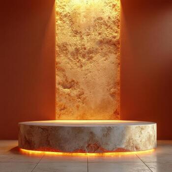 Podium illuminated with warm orange light creating a captivating display for events, presentations, or artistic showcases in a contemporary setting photo