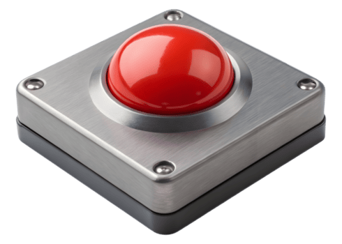skinande röd knapp på en metallisk fyrkant plattform redo för brådskande och aktiverande systemet png