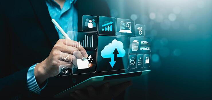 Cloud data storage management with secure document file upload, backup, digital transformation, big data analysis, business intelligence, secure cloud computing, cybersecurity, data privacy technolog photo