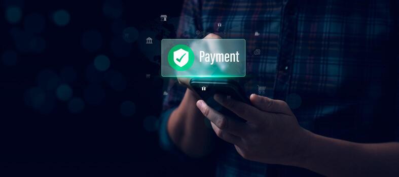 Secure mobile online payment system, Fintech technology for e-commerce, financial transactions, digital wallets and mobile banking concept with secure payment confirmation icon. photo