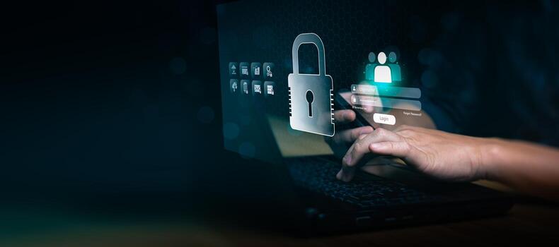 la seguridad cibernética iniciar sesión interfaz en ordenador portátil y teléfono inteligente, usuario accediendo seguro sistema con contraseña autenticación, digital datos proteccion, identidad verificación, cifrado acceso controlar tecnología foto