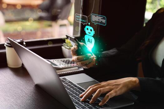 AI chatbot virtual assistant on smartphone helping customer support and business communication, innovative artificial intelligence technology for online service automation, productivity, digital photo