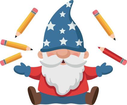 Gnome wizard character juggling pencils with starry hat and white beard in playful design vector