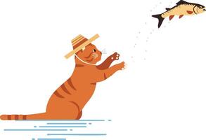 Tigre pescar en agua vistiendo sombrero atrapando saltando pescado ilustración diseño vector