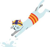 gato buceo dentro agua vistiendo a rayas nadando gorra y traje de baño ilustración vector