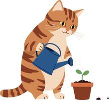 gato riego pequeño planta en maceta linda jardinería actividad para mascotas y naturaleza amantes ilustración vector