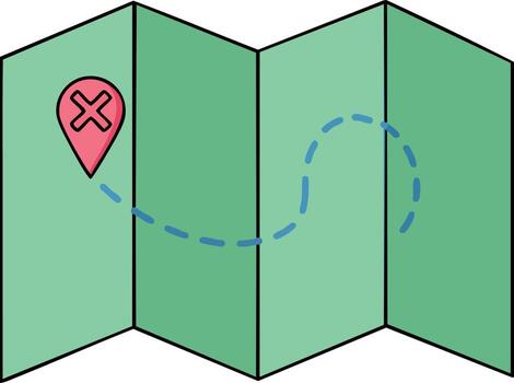 Folded green map with pink location marker and dashed route line for navigation and travel planning illustration vector