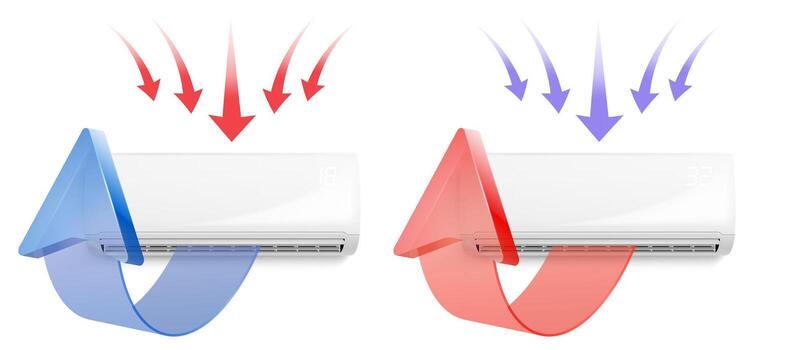 Air conditioner in two modes, blue for cooling and red for heating, with airflow illustration using arrow indicators. vector