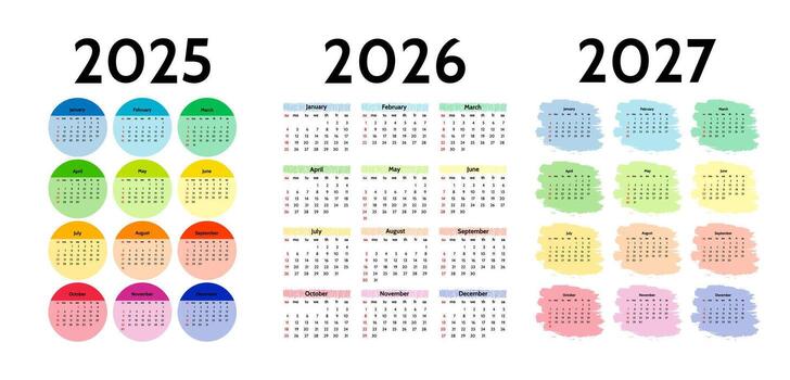 Set of three vertical calendars for 2025, 2026 and 2027 isolated on a white background. Sunday to Monday, business template. Fine illustration vector