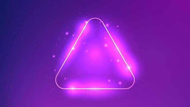 Neon rounded triangle frame with shining effects and sparkles on dark purple background. Empty glowing techno backdrop. Fine illustration vector