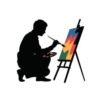 Silhouette of a man painting a colorful abstract image on a canvas on an easel artist brush vector