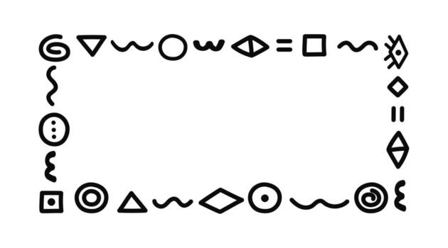 Simple frame, border. Random spirals, lines, geometric shapes, curls. Abstract ethnic banner, place for text. Cave drawing, symbols, signs. Marker, scribble, sketch, hand drawn, isolated background. vector