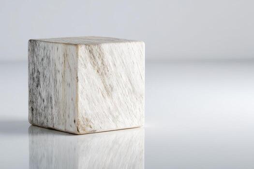 cubo objeto con mármol textura soportes en un reflexivo superficie en un minimalista ajuste foto