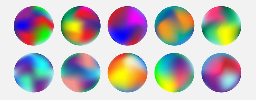 Set of bright mesh gradient circle in futuristic style. y2k hologram abstract liquid surface collection. Round iridescent shiny fluid holographic. vector