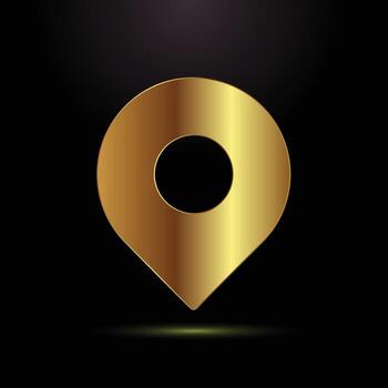 Golden location marker illustration shows digital GPS pin for maps and navigation on black background vector