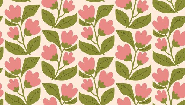 Groovy seamless pattern in retro hippie style with floral elements and Matisse inspired shapes. vector