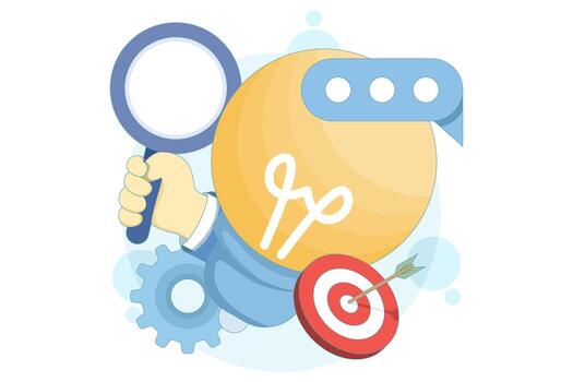 plano ilustración de tiro al arco objetivo con aumentador vaso, simbolizando atención y objetivo ajuste. incluye ligero bulbo y engranajes representando ideas, innovación, problema resolviendo, y creatividad. vector