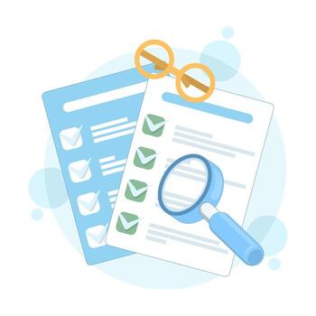 Flat illustration of certificate and checklist with check marks. Document or report paper with magnifying glass symbolizing verification, task completion, and business review. vector