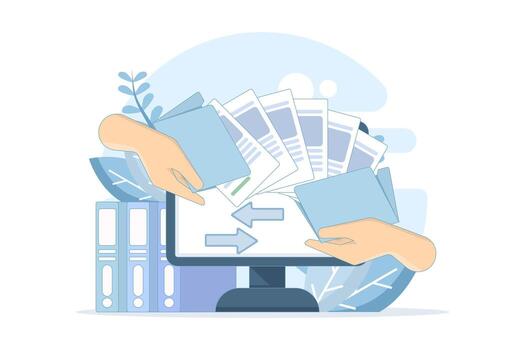 Flat illustration of a large folder filled with documents. Represents modern file management, digital archiving, and online document storage systems for business and office use. vector