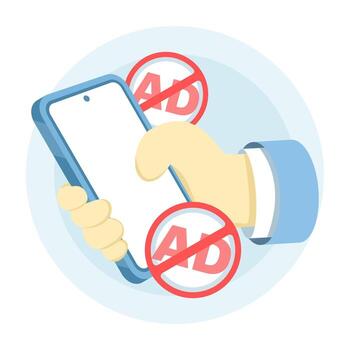 Ad blockers. The concepts of ad blocking, online privacy, internet security, and digital protection are separate. Hands holding a smartphone with a mobile ad blocker app or browser extension. vector