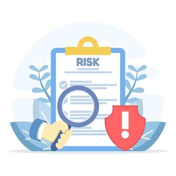 Flat illustration of a risk management concept. The shield symbol represents risk control, regulatory procedures, security, and risk administration. Data protection in business operations. vector