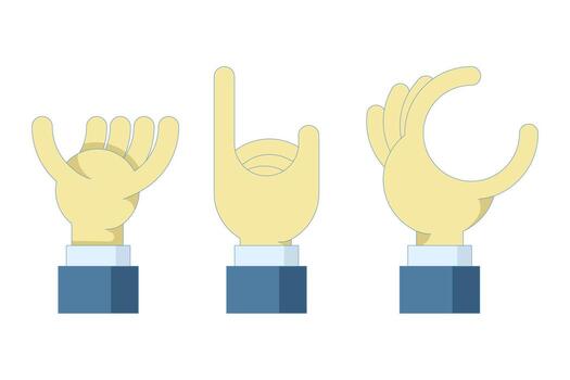 Flat illustration of various hand gestures, including pointing, holding, and raising hands. Concept of communication signs, interaction, and body language symbols. vector