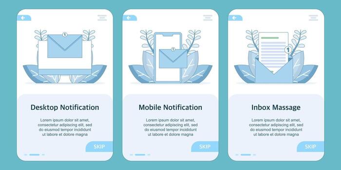 Flat illustration of desktop and mobile notification with inbox message on onboarding screen. Concept of app alert, email reminder, user interface, communication, and digital message system. vector