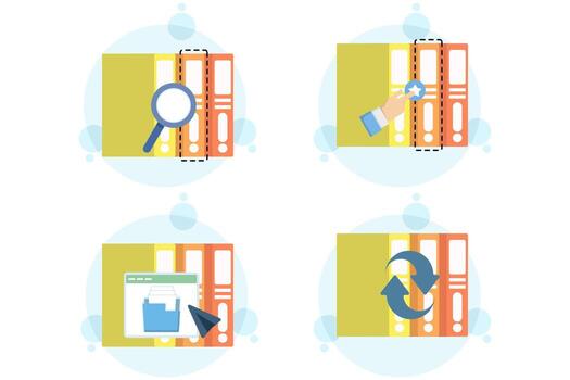 Flat illustration of documents coming from a computer folder. Concept of business archive, work files, financial reports, accounting records, and statistical data management. vector