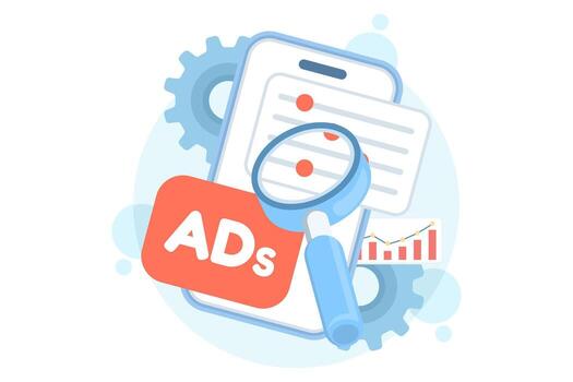 Flat illustration of mobile advertising analytics. Smartphone with magnifying glass and performance data, representing programmatic ads, campaign tracking, and digital marketing analysis. vector