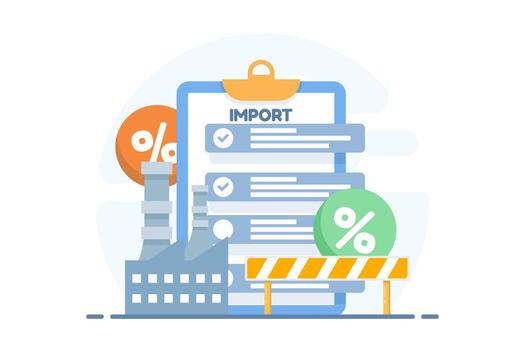plano ilustración de fábrica y arancel documentos. concepto de importar tarifas conmovedor industrial producción, producción procesos, y suministro cadena limitaciones. vector