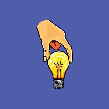An illustration depicting a hand holding a glowing lightbulb, symbolizing innovation, creativity, and ideas. The vibrant colors create inspiration in a distinct style. vector