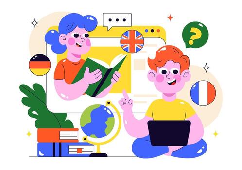 Children studying languages with books vector