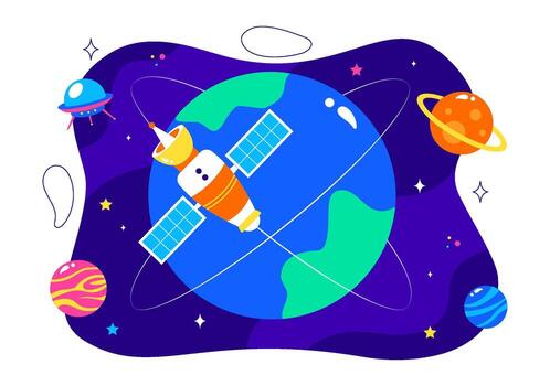 Global Network Connection Illustration with Satellites Transmitting Internet Signals in Flat Cartoon Background vector