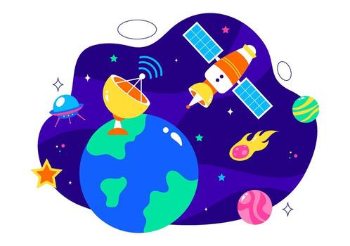 Orbit Satellite Illustration Transmitting Internet Signals for Innovative Global Networks in Flat Cartoon Background vector