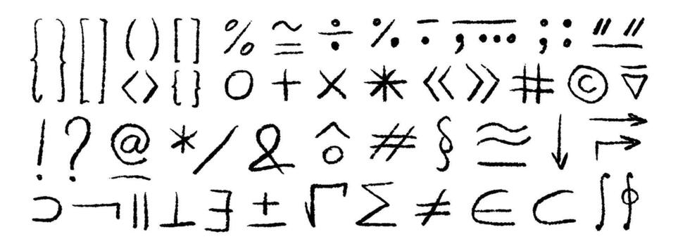 Hand drawn punctuation marks and math signs set. Black rough charcoal brackets question mark, exclamation point and quotation symbols. Various mathematical symbols bundle. Sketched pack vector